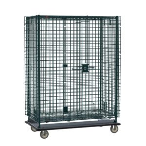 The Metro SEC55LK3 Super Erecta Heavy-Duty Mobile Security Shelving Unit, with a 28.0625 x 50.5 x 68.4375 Metroseal Green Epoxy frame, features a lockable front door and wheels for secure storage or transport.