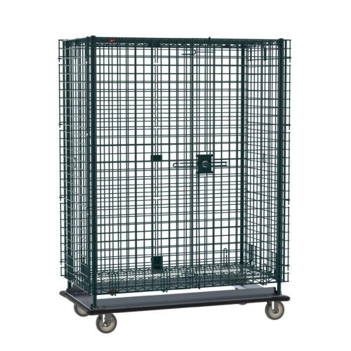 The Metro SEC55LK3 Super Erecta Heavy-Duty Mobile Security Shelving Unit, with a 28.0625 x 50.5 x 68.4375 Metroseal Green Epoxy frame, features a lockable front door and wheels for secure storage or transport.