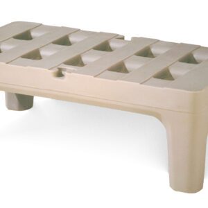 A beige plastic step stool with a grid surface and sturdy legs mirrors the durability of the Metro HP2230PD Bow-Tie Dunnage Rack, 22 x 30. A small red label with white text decorates one side, similar to precise markings.