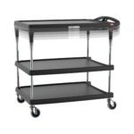 The Metro MY2636-35BL-PL myCart Plus Series is a versatile utility cart with three height-adjustable shelves, a top shelf handle, and four swiveling wheels for easy transport. Its sleek black design has dimensions of 26 x 36, making item transportation effortless.