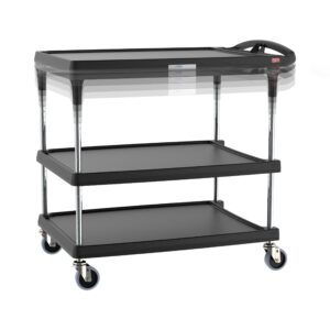 The Metro MY2636-35BL-PL myCart Plus Series is a versatile utility cart with three height-adjustable shelves, a top shelf handle, and four swiveling wheels for easy transport. Its sleek black design has dimensions of 26 x 36, making item transportation effortless.