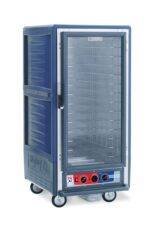 The Metro C537-MFC-4-BU C5 3 Series Cabinet is a stylish blue unit with a clear full-length door. It operates on 120V and includes fixed wire slides, temperature controls, and multiple rack slots for trays or pans.
