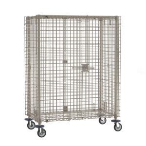 The Metro MQSEC55DE MetroMax Mobile Security Shelving Unit, measuring 27.8125 x 52.75 x 67.8125, combines industrial utility with mobility and security through its metal wire cage, secure latch front door, open grid design, and four caster wheels for easy storage or transport.
