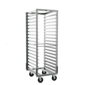 The Metro RF3NA37 Roll-In Refrigerator Pan Rack, measuring 21.875 x 27 x 64.75, is a mobile, open-frame metal rack on wheels with a convenient 3 slide spacing, ideal for kitchens or bakeries. It includes gray corner bumpers for protection and fits seamlessly into Metro refrigerators.