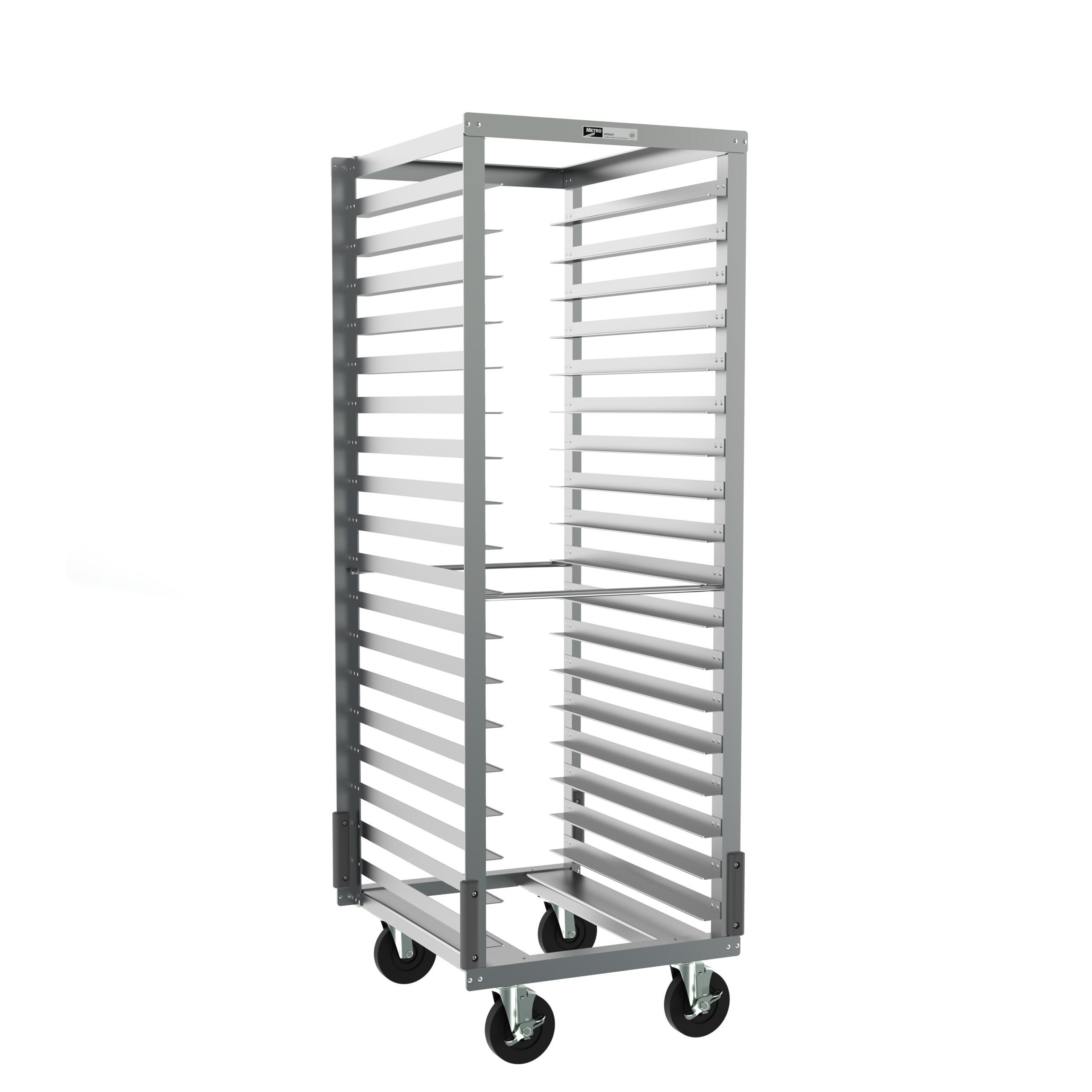 Roll-In Refrigerator Pan Racks with Gray Corner Bumpers, 3" Slide Spacing