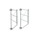 Two metallic gate hinges on a white background, designed for structural support or installation, perfectly complement Metro Erecta Shelf Wall Mounts for three 18 wide wire shelves, featuring a grid pattern for enhanced stability.