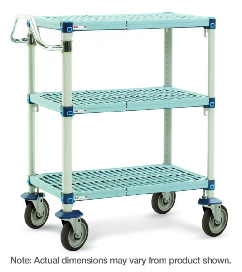 The MetroMax Q MQUC1830G-35 utility cart is 18 x 30 x 39.25, with teal and white slatted shelves, blue accents, four swivel casters, a push handle, and a sturdy frame reinforced with metal supports.
