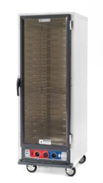 The Metro C519-CFC-UA C5 1 Series Holding/Proofing Cabinet features a full-height stainless steel body, clear glass front door, universal wire slides, control knobs at the bottom, and 2000W heating power. Its mounted on wheels for easy mobility.
