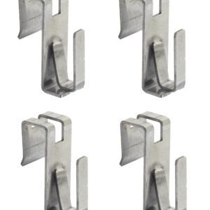 Four metal hooks, resembling the Metro MAX4-CNR4 Four-Shelf Corner Add-On S Hook Kit for MetroMax 4 Industrial Plastic Shelving, are arranged in two rows against a plain white background and have an angular design that appears to be made of stainless steel.