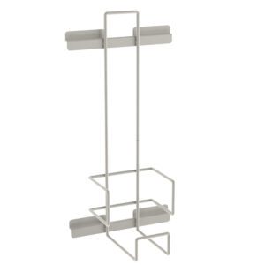 A minimalist white metal shower caddy, similar to the sleek Metro FL235-5 Flexline Oxygen Tank Holder, features a vertical design with two rectangular shelves for bottles and bottom hooks for hanging items. Its designed to be mounted over a shower door.
