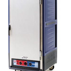 The Metro C537-MFS-L-BUA C5 3 Series is a 3/4 height heated holding/proofing cabinet in blue and silver with a full-length stainless steel door, bottom control knobs, side ventilation panels, and wheels. It operates on 120V, 60Hz with lip load aluminum slides.
