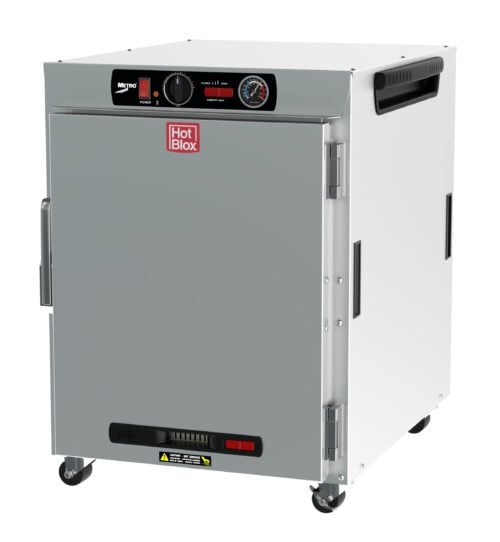 The Metro HBCW8-AS-UC HotBlox is a gray, 120V, 875W insulated undercounter holding cabinet with a solid door. It features a red logo, an analog control panel with dial and indicators above the door, NEMA 5-15P compatibility, wheels for mobility, and a side handle for convenience.