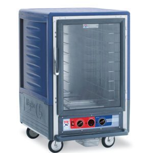 The Metro C535-MXFC-L-BU C5 3 Series Insulated Moisture Heated Holding/Proofing Cabinet boasts a full-length clear door and lip load aluminum slides for easy access. It features blue exterior, control dials at the bottom, and is mounted on wheels. Specs: 1/2 height, 220-240V, 50/60Hz, 1681-2000W.