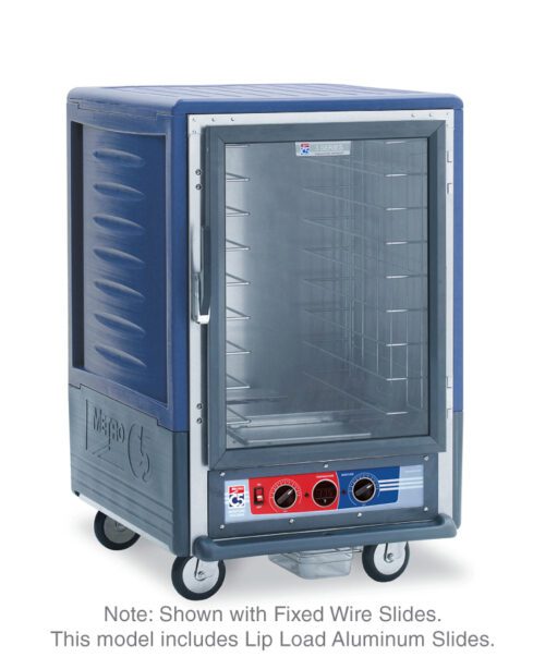 1nip05ibl3f5nx2bn4zyxxyo9natk4w8.jpg The Metro C535-MXFC-L-BU C5 3 Series Insulated Moisture Heated Holding/Proofing Cabinet boasts a full-length clear door and lip load aluminum slides for easy access. It features blue exterior, control dials at the bottom, and is mounted on wheels. Specs: 1/2 height, 220-240V, 50/60Hz, 1681-2000W.