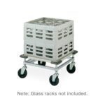 The Metro CB2121C Dolly, a gray trolley with large black wheels and rectangular perforated sides for dishes or equipment, includes corner bumpers. Note: Glass racks not included.