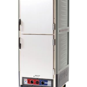 A tall Metro C539-MXDS-L-GY C5 3 Series full-height holding/proofing cabinet in gray features stainless steel Dutch solid doors, a red and blue control panel with switches and knobs, dual handles, and branding decals. Power: 220-240V, 50/60Hz with 1681-2000W.