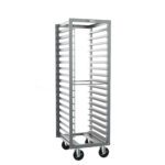 The Metro RD15NA120 End-Load Pan Rack, measuring 20 x 23 x 63.75, features multiple horizontal shelves with 3 slide spacing and is designed for convenience with four black wheels, making it easy to transport and store trays in kitchens or industrial settings.