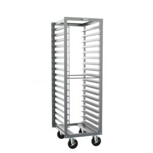 The Metro RD15NA120 End-Load Pan Rack, measuring 20 x 23 x 63.75, features multiple horizontal shelves with 3 slide spacing and is designed for convenience with four black wheels, making it easy to transport and store trays in kitchens or industrial settings.