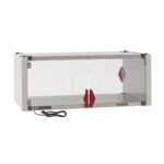 The Metro HS2442-EKIT Super Erecta Hot Enclosure Kit includes a stainless steel and glass cabinet with sliding doors, red handles, and a heated shelf. Measuring 42.7 x 27.7 x 17.4, this 600W, 120V unit features a black power cord in the bottom left corner for easy setup.
