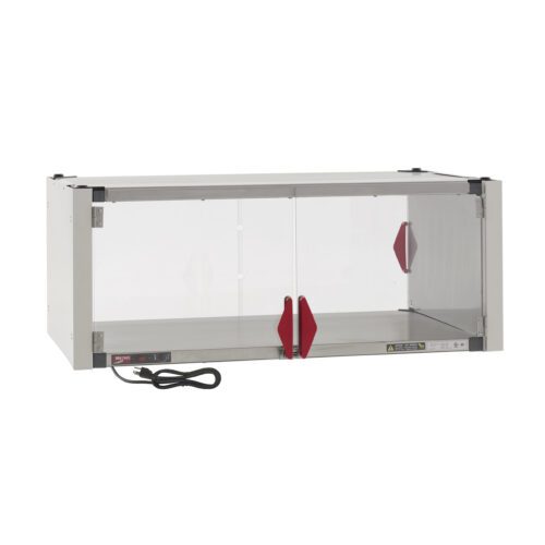 The Metro HS2442-EKIT Super Erecta Hot Enclosure Kit includes a stainless steel and glass cabinet with sliding doors, red handles, and a heated shelf. Measuring 42.7 x 27.7 x 17.4, this 600W, 120V unit features a black power cord in the bottom left corner for easy setup.