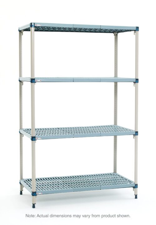 The MetroMax Q MQ-247274G-S-4 shelving unit features a stylish gray and blue design with vented shelves. This durable, adjustable plastic unit is 24 x 72 x 74, with slight dimension variations from the image possible.
