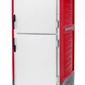 The Metro C539-HDS-L C5 3 Series is a full-height insulated holding cabinet with a red design, featuring tall, double Dutch solid doors and lip load aluminum slides. This 120V, 2000W unit comes on wheels for easy mobility and has its control knobs at the bottom.