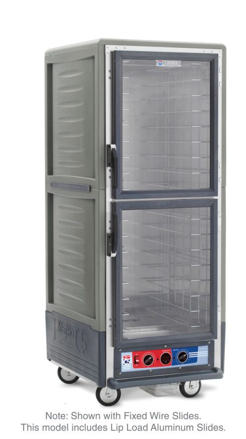 The Metro C539-MXDC-L-GYA is a full-height, gray heated holding/proofing cabinet with Dutch clear doors and lip load aluminum slides. Operating at 220-240V and 50/60Hz, it features multiple shelves, four wheels for mobility, and bottom control knobs.