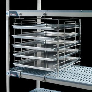 Against a black backdrop, the Metro MX24SE Adjustable Slide System for MetroMax i Industrial Plastic Shelving is displayed, featuring metal storage racks with partially extended pull-out trays in a sleek, grid-like design.