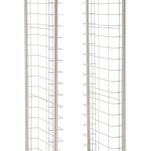 The Metro RE3S Stainless Steel End-Load Wire Tray Rack has a tall, rectangular shape with wire mesh sides and four swiveling wheels. Featuring 3 slide spacing, multiple horizontal supports, and an open top for storage or transport, it boasts a sleek silver finish.