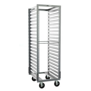 The Metro RD13NA37A120 End-Load Pan Rack features gray corner bumpers, a pan stop, 1.5 slide spacing, and dimensions of 21.75 x 27.5 x 69.75. It has multiple horizontal shelves on four black wheels and an open design ideal for storing and transporting food in commercial kitchens.
