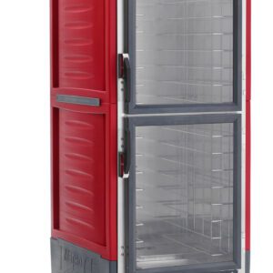 The mobile Metro C539-HLDC-4A C5 3 Series Insulated Holding Cabinet, in red with clear Dutch doors, fixed wire slides for trays, precise temperature controls, and bottom vent, operates efficiently on 120V, 60Hz power.
