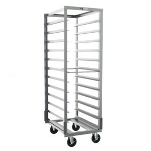The Metro RD23NA37 End-Load Pan Rack features gray corner bumpers, 5 slide spacing, and an open rectangular frame. This tall, gray metal rack measures 22 x 30 x 69.75 and has multiple horizontal slots, supported by four swiveling caster wheels.