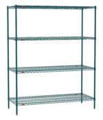 The Metro EZ2460NK3-4 Super Erecta 4-Shelf unit in Metroseal Green Epoxy features four adjustable wire mesh shelves with red corner connectors, measuring 24x60x74, and stands on black rounded feet.