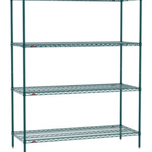 The Metro EZ2460NK3-4 Super Erecta 4-Shelf unit in Metroseal Green Epoxy features four adjustable wire mesh shelves with red corner connectors, measuring 24x60x74, and stands on black rounded feet.