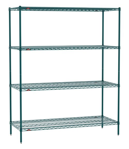 1vdzi0af151lr6tznw1mf8s8mt6j0ipk.jpg The Metro EZ2460NK3-4 Super Erecta 4-Shelf unit in Metroseal Green Epoxy features four adjustable wire mesh shelves with red corner connectors, measuring 24x60x74, and stands on black rounded feet.