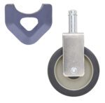 The Metro 5MPRX 5 Polyurethane Rigid Stem Caster includes a metal bracket, rubber tire, and a dark gray triangular plastic piece with a central hole for seamless integration into MetroMax Industrial Plastic Shelving Racks.