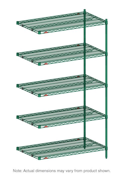 1xn67qt4la9fpk2rrflayv2e9xzst8tm.jpg The Metro 5AN557K3 Super Erecta is a 5-shelf industrial wire shelving add-on unit featuring a Metroseal green epoxy finish with dimensions of 24 x 48 x 74. Each shelf is evenly spaced and supported by vertical poles at the corners. Note: Actual dimensions may vary.