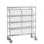 The Metro DC55EC Super Erecta Slanted Shelf Rack, size 18 x 48, has a silver finish, four wheels for mobility, and includes one flat and four slanted shelves. Ideal for organizing any space.