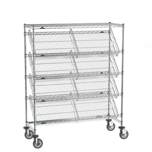 The Metro DC55EC Super Erecta Slanted Shelf Rack, size 18 x 48, has a silver finish, four wheels for mobility, and includes one flat and four slanted shelves. Ideal for organizing any space.