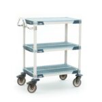 The MetroMax i MXUC1830FT-35L utility cart, measuring 18 W x 30 L x 39.25 H, features three industrial polymer shelves, a solid top shelf mat, a metal handle, and four swivel casters. It boasts light gray and blue accents for added versatility.