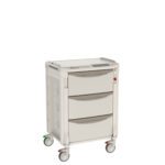 The Metro FLNK00300 Flexline Medical Cart features a sleek gray design with three drawers, a flat top, four red and green caster wheels for easy mobility, vertical side handles for effortless maneuvering, and a compact build ensuring sturdiness and reliability.