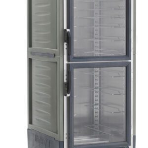 The Metro C539-HDC-U-GY is a full-height, insulated holding cabinet with Dutch clear doors, universal wire slides, metal hinges, and temperature control knobs at the bottom. Its tall, gray, transparent plastic on wheels and runs on 120V with 2000W power for optimal performance.