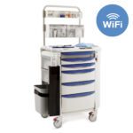 The Metro FLWANES1 Flexline Anesthesia Cart with Wireless Touchpad features blue drawers, medical supplies, inside pockets, a side trash can, and a top-right blue WiFi symbol.