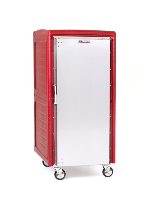 215pmjzx33wto38yedulbhwg0la4ruka.jpg The Metro C549N-SU C5 4N Series Full Height Non-Powered Insulated Transport Cabinet has universal wire slides, a red finish, a stainless steel door, a left-side handle, and four wheels for easy food storage and transportation.