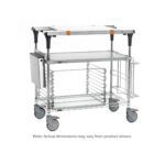 The Metro MS1848-FGBR-PK2 PrepMate MultiStation 48 Prep Station with Accessory Pack 2 includes a solid galvanized top shelf, a brite zinc wire bottom shelf with chrome posts, and is enhanced with orange accents, large wheels, and adjustable legs. Dimensions may vary slightly.