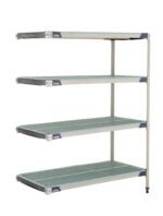 The MetroMax i AX556GX3 4-Shelf Plastic Industrial Shelving Add-On Unit, measuring 24 x 48 x 63, has four adjustable perforated shelves supported by sturdy metal rods, with the top shelf slightly elevated for enhanced storage flexibility.