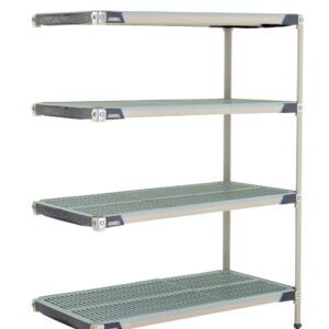 The MetroMax i AX556GX3 4-Shelf Plastic Industrial Shelving Add-On Unit, measuring 24 x 48 x 63, has four adjustable perforated shelves supported by sturdy metal rods, with the top shelf slightly elevated for enhanced storage flexibility.