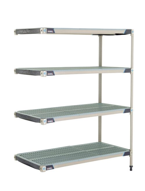 The MetroMax i AX556GX3 4-Shelf Plastic Industrial Shelving Add-On Unit, measuring 24 x 48 x 63, has four adjustable perforated shelves supported by sturdy metal rods, with the top shelf slightly elevated for enhanced storage flexibility.