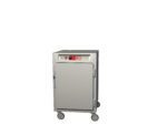The Metro C565X-SFS-UPFSA is a sleek, silver, 1/2 height holding cabinet on four wheels with a full-length solid door and universal wire slides. It features a handy control panel with a red dial and buttons, perfect for blending form and function against any backdrop.