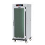 The Metro C599X-SFC-UA C5 9 Series is a full-height heated holding and proofing cabinet with controlled humidity, featuring a full-length clear door, digital control panel, stainless steel body, universal wire slides, multiple shelves, caster wheels for mobility, and operates at 220-240V and 50/60Hz.